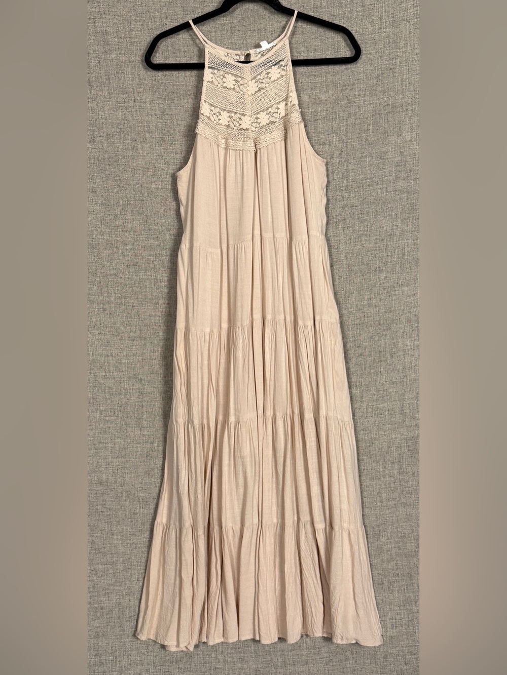 Boho Cream Maxi Dress with Tiered Skirt and Lace Bodice
